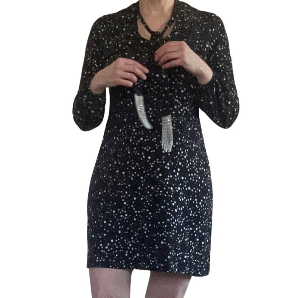 Michael Kors 4 NYE, black dress w blue/silver Star Foil & Chain Fringe tie, XS